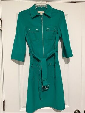 Women’s Green Zip-Front Shirt Dress with Belt